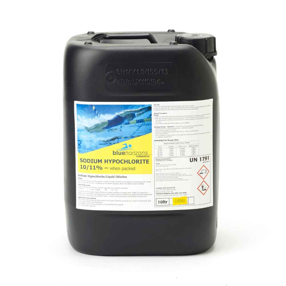 Black plastic 10-liter container of blue horizons commercial sodium hypochlorite, labeled as a liquid chlorine solution for pool use.