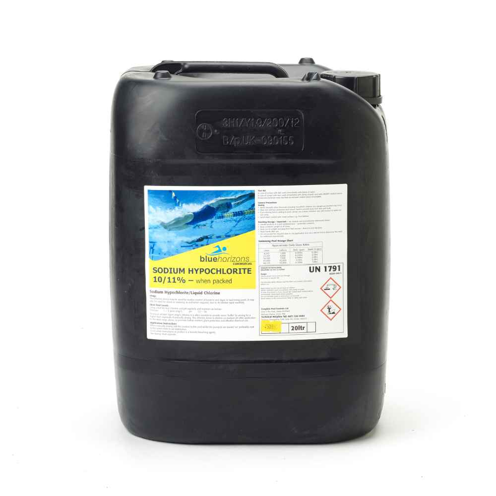 Black plastic 20-liter drum labeled ’sodium hypochlorite 10/11% – when packed’ by blue horizons commercial.