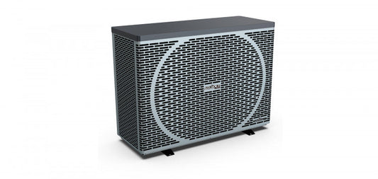 Black and silver heat pump with a perforated grille design