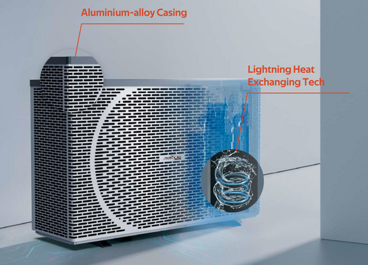 Silver aluminum-alloy casing cooling device with a perforated design and internal lightning heat exchanging tech.
