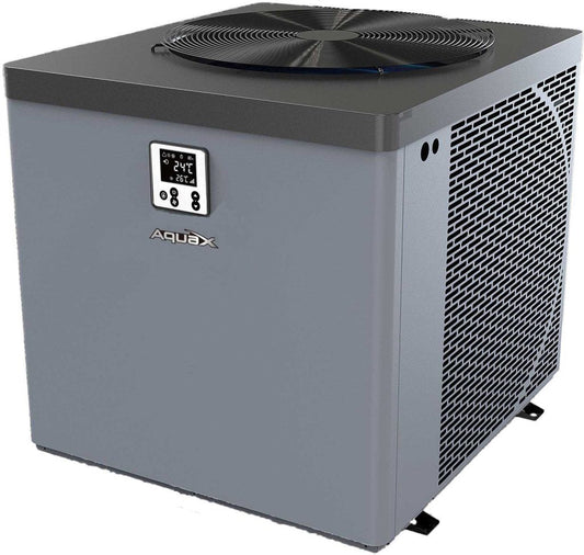Gray rectangular aquax air-to-water heat pump with a black fan on top and perforated side panels.