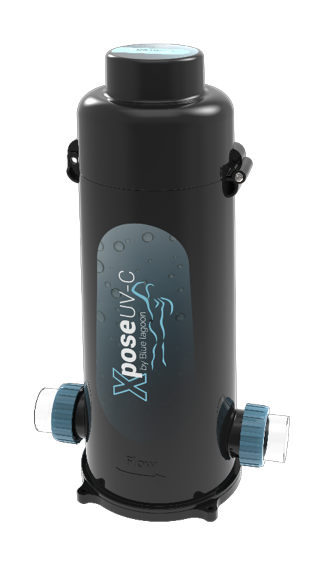 Black cylindrical pool cleaner with teal accents and ’xpose uv-c’ branding.