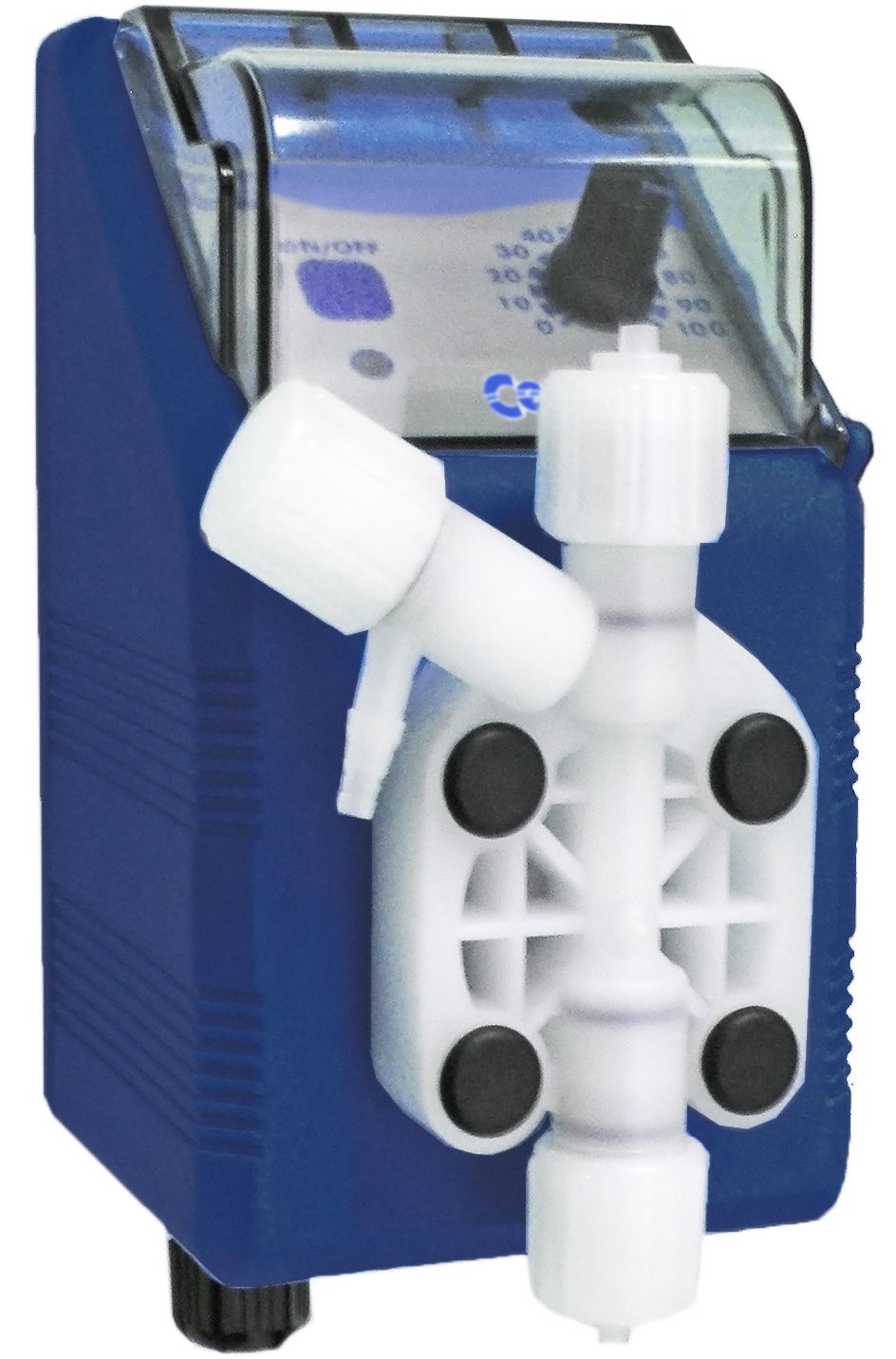Blue plastic pump with white and black components, featuring a transparent cover over the control panel.