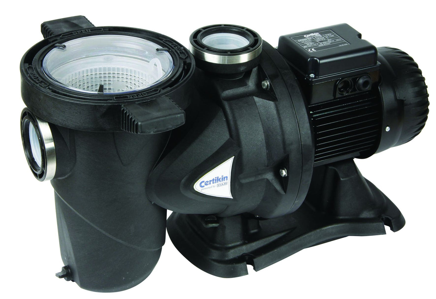 Black certikin pool pump with a clear filter housing and metallic accents.