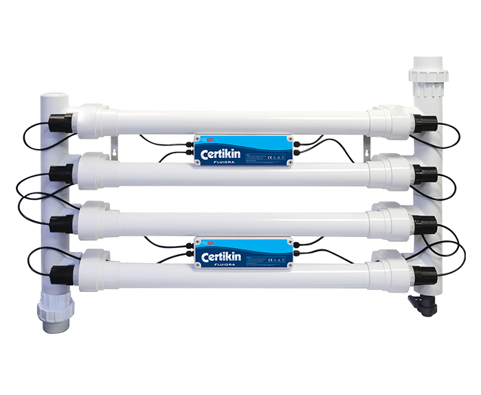 White plastic water purification system with blue control panels labeled ’certikin fluora.’