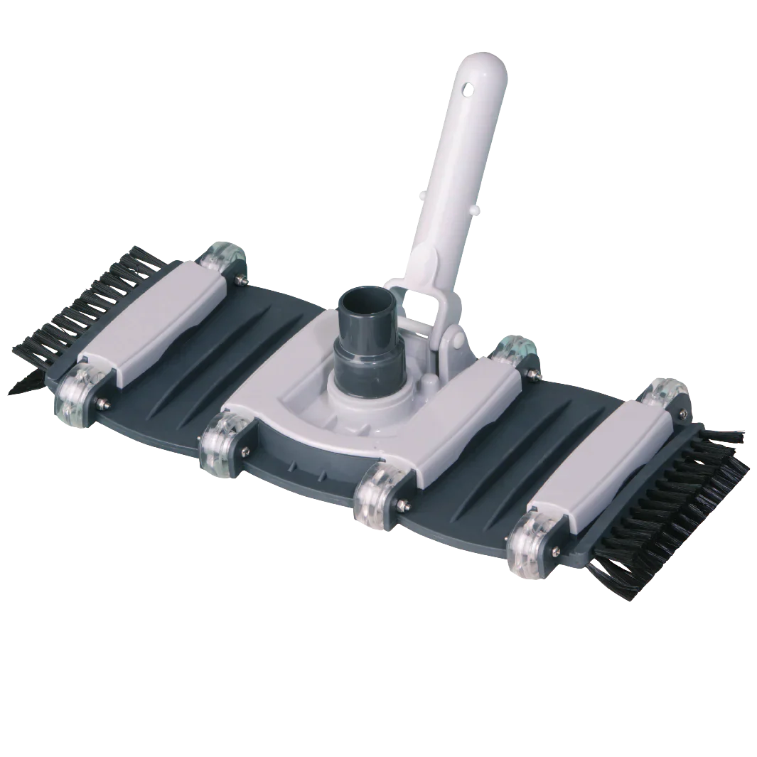 Gray and white pool cleaning brush with black bristles, featuring a handle for easy maneuvering.