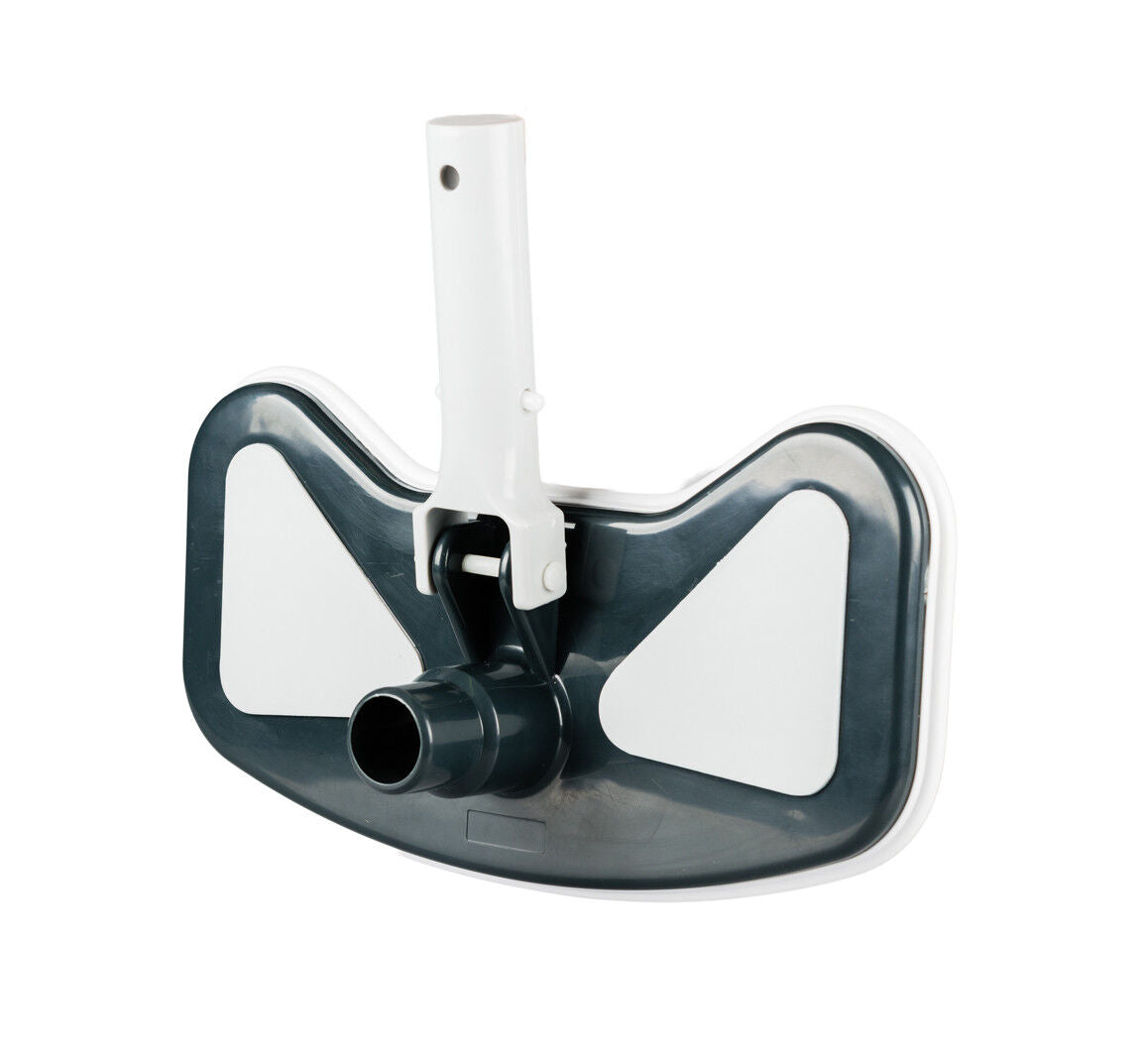 Black and white plastic pool cleaner head with a central cylindrical attachment point.