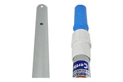 Blue and white plastic grip handle with metal shaft