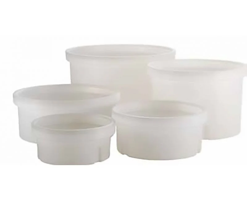 Set of translucent white plastic storage containers in various sizes.