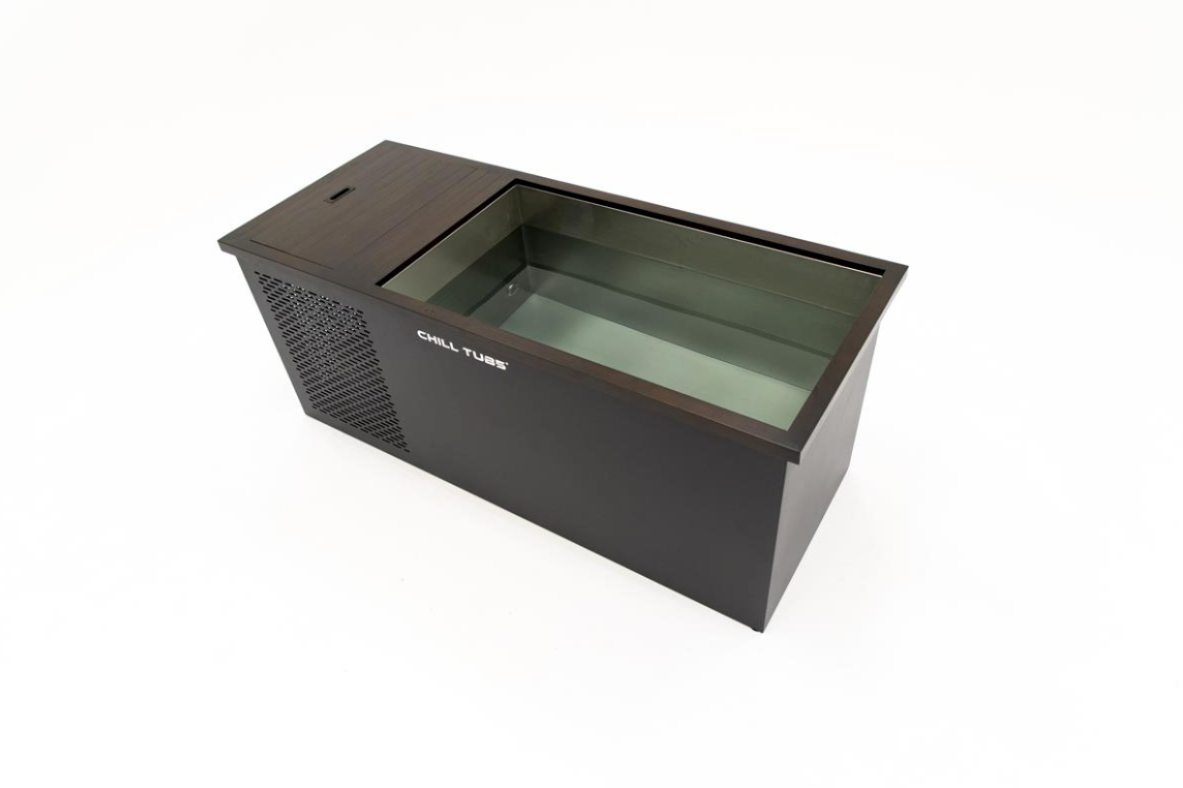 Black chill-tube commercial beverage cooler with a glass top and mesh side panel.