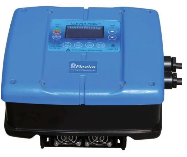 Blue plastic clever-pool pool automation controller with a digital display and control buttons.