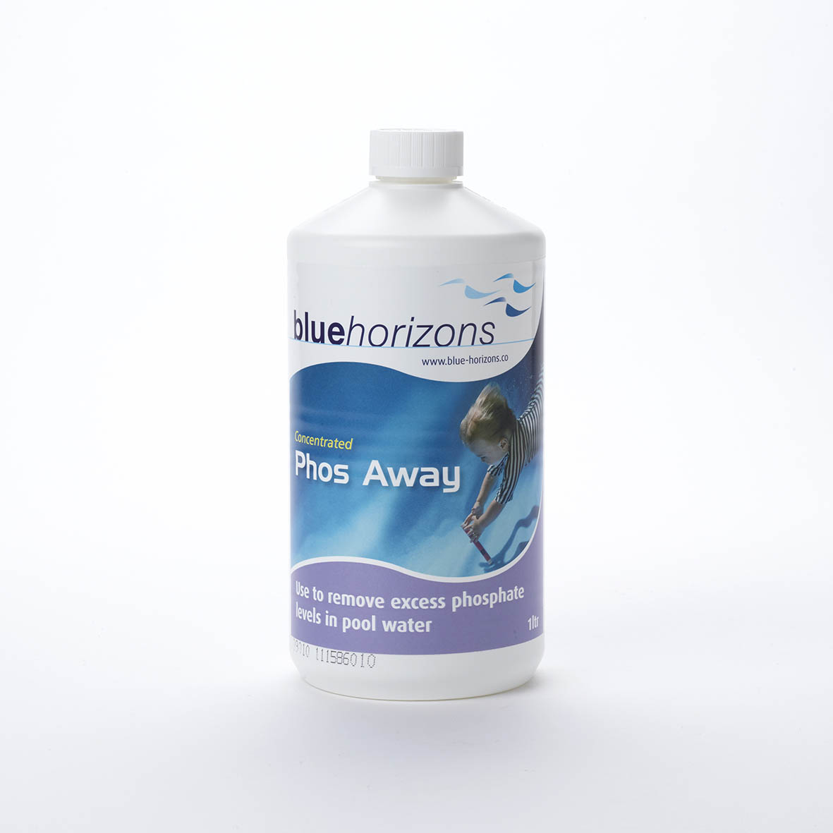 White plastic bottle of blue horizons concentrated phos away, a pool water treatment product designed to remove excess phosphate levels.