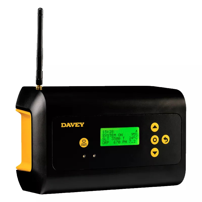 Black and yellow davey water treatment controller with a green digital display showing system readings.