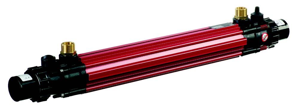 Red cylindrical heat exchanger with black end caps and brass fittings.