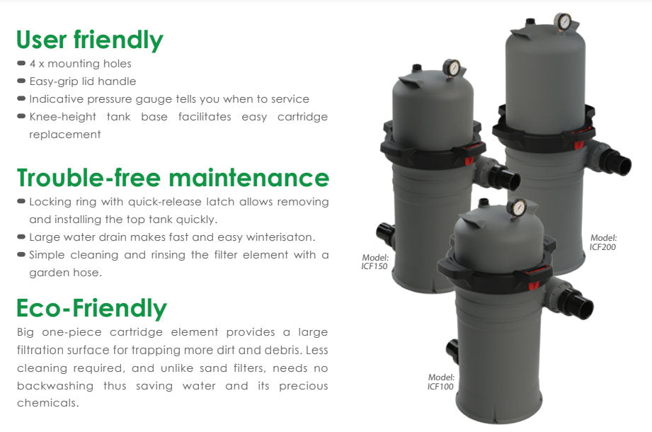 Gray cylindrical pool filter units with black mounting rings and pressure gauges, labeled as models icf100, icf150, and icf200.