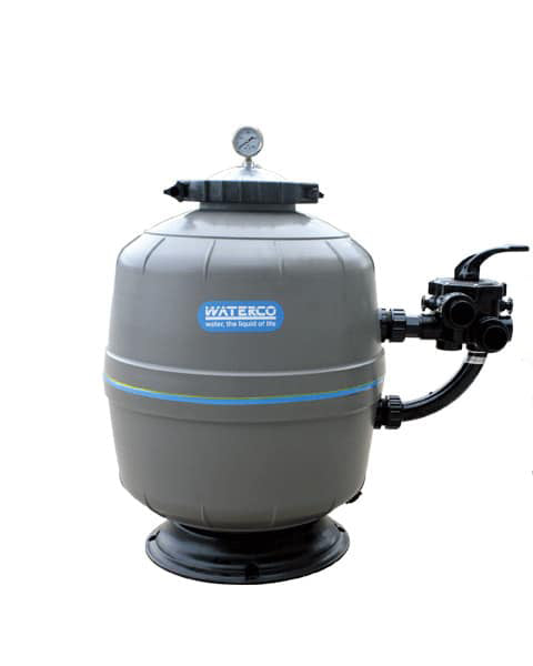 Gray waterco pool filter with black fittings and a pressure gauge on top.