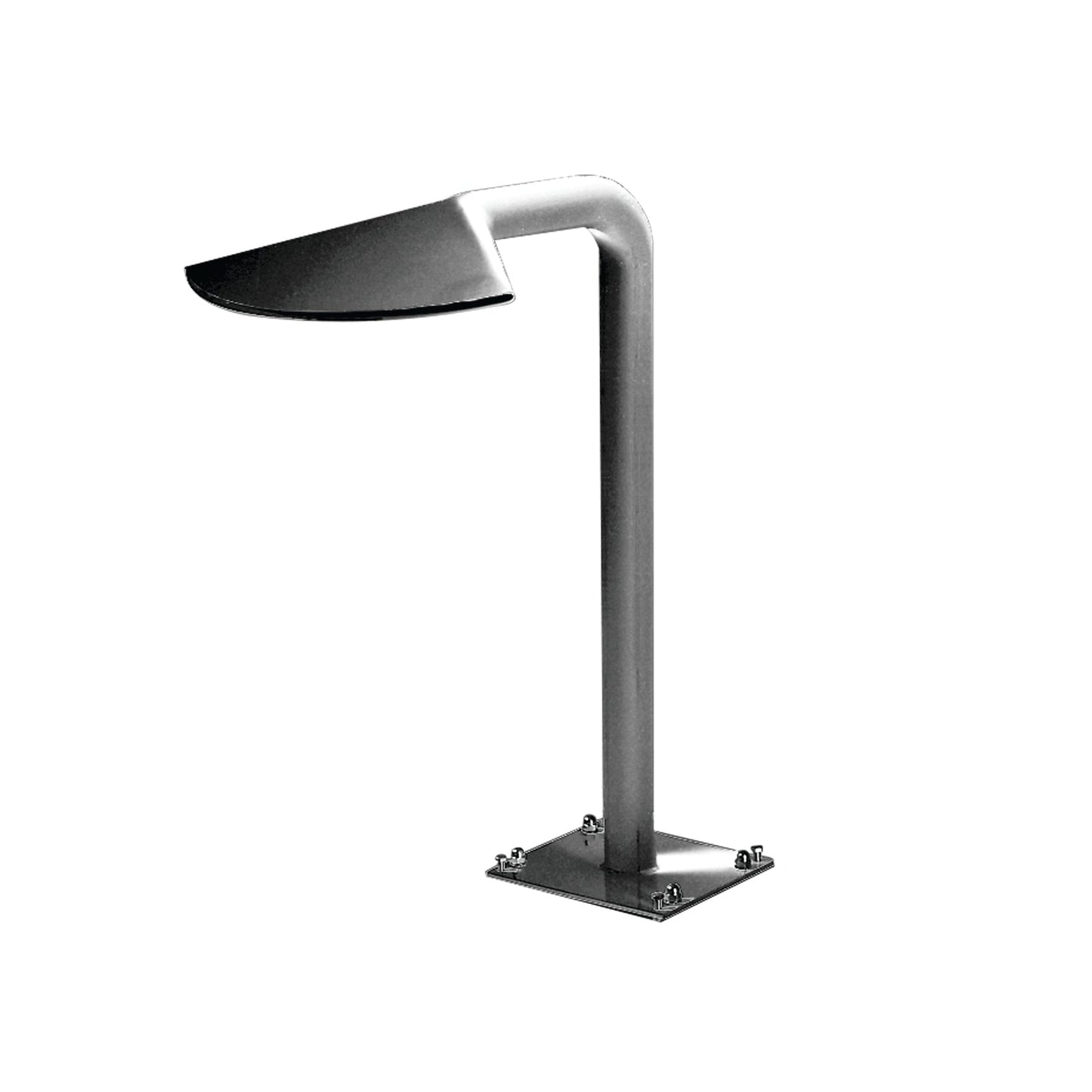 Modern minimalist table lamp with a sleek, curved metallic arm and a flat, angular shade.