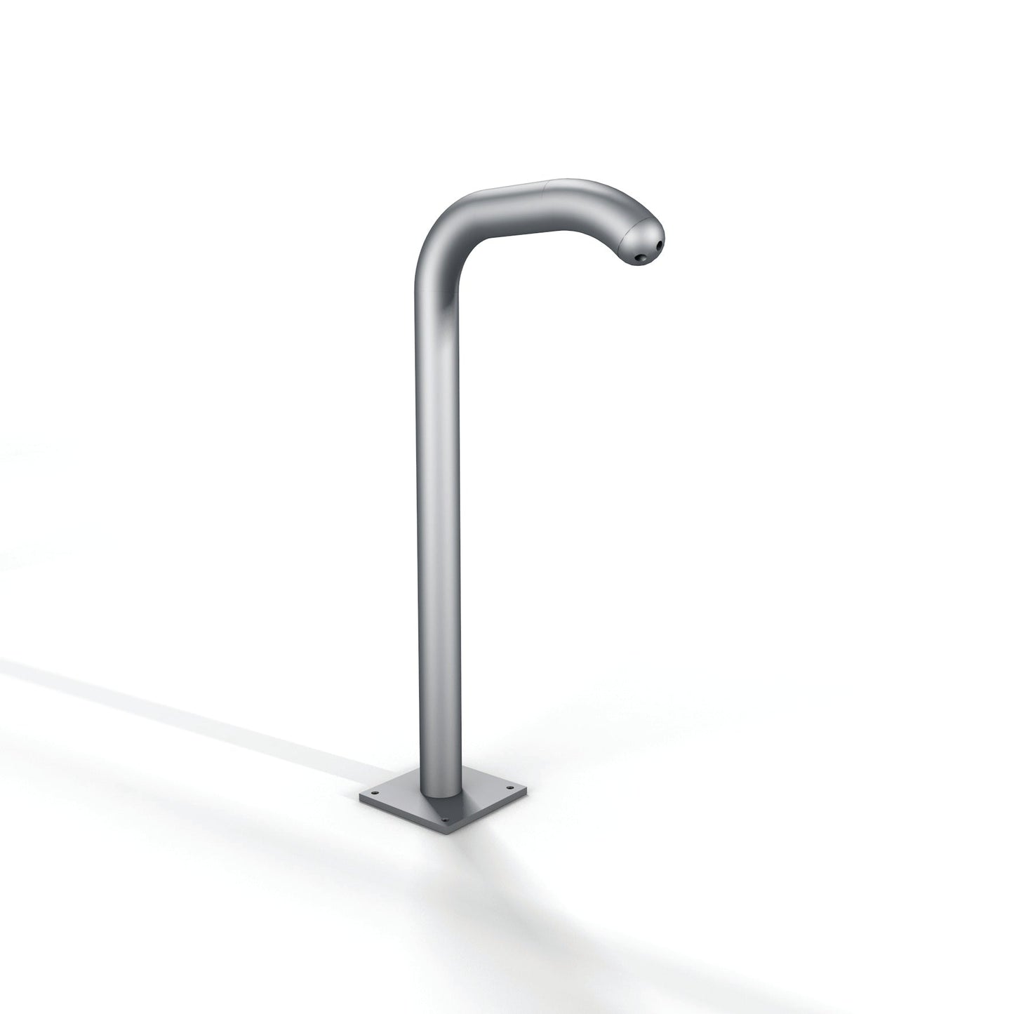 Silver metallic outdoor handwashing station with a curved spout and square base.