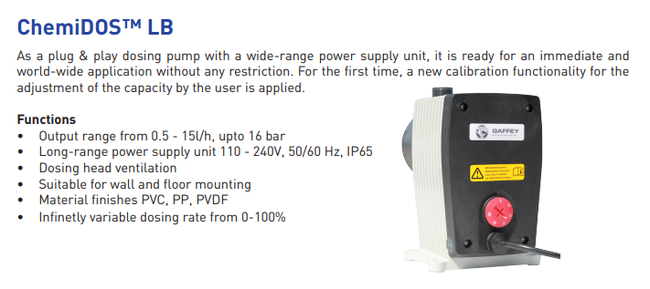 Black and white chemidos™ lb dosing pump with red control knob.