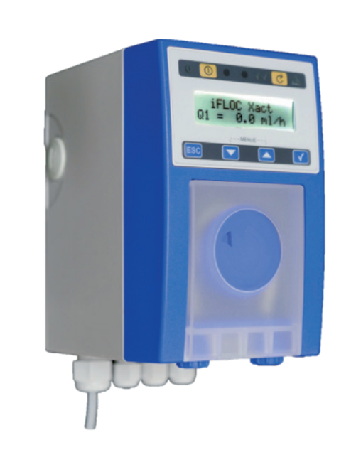 Blue and gray ifluc xact flow meter with digital display showing 0.8 ml/h, featuring a circular transparent window for fluid monitoring.