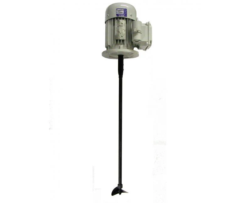 Gray industrial motor with black shaft and three-bladed impeller.