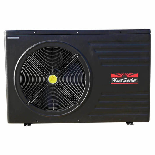 Black heatseeker outdoor heat pump unit with a circular fan grille and ribbed side panel.
