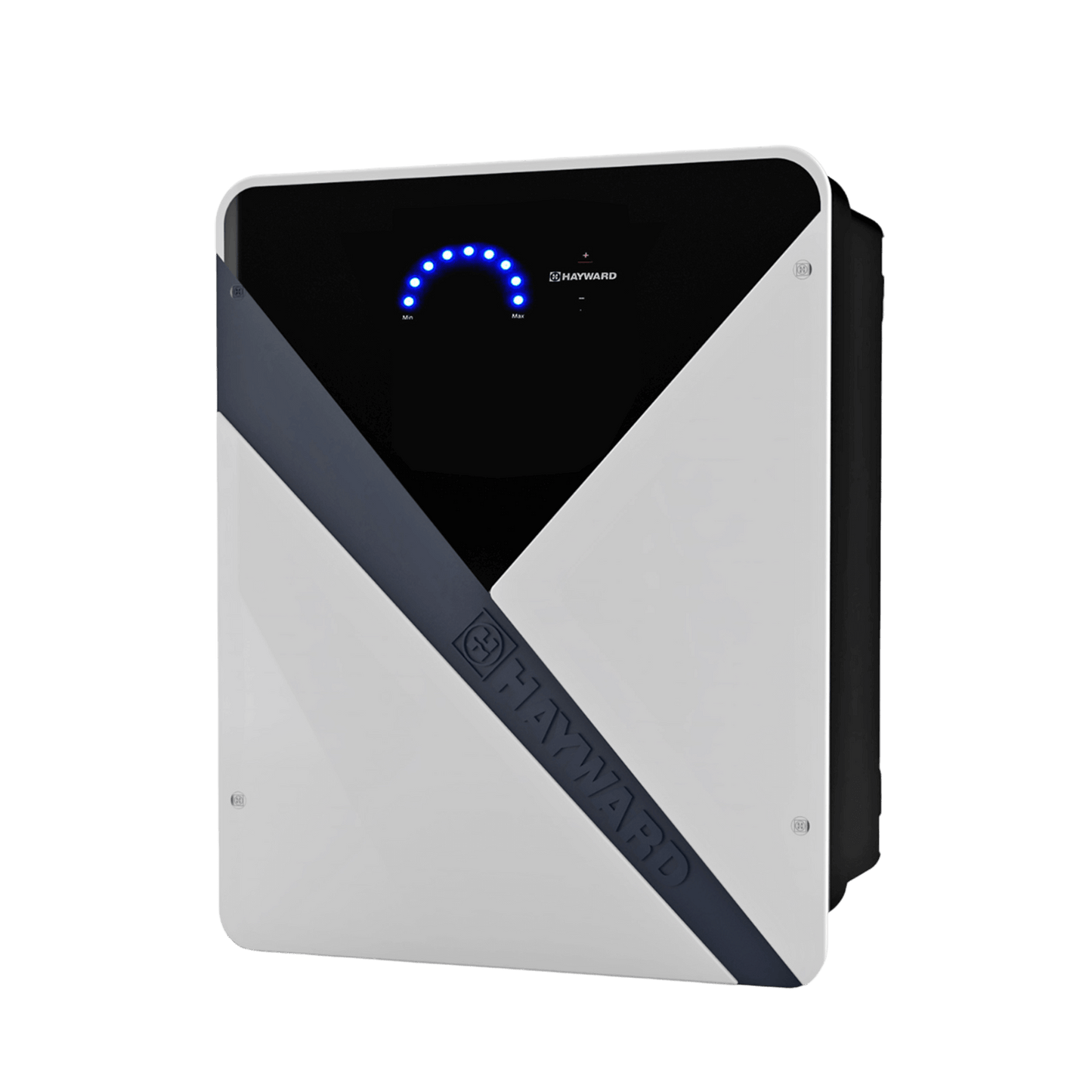 White and dark gray hayward water heater with a black digital display showing blue led indicators.