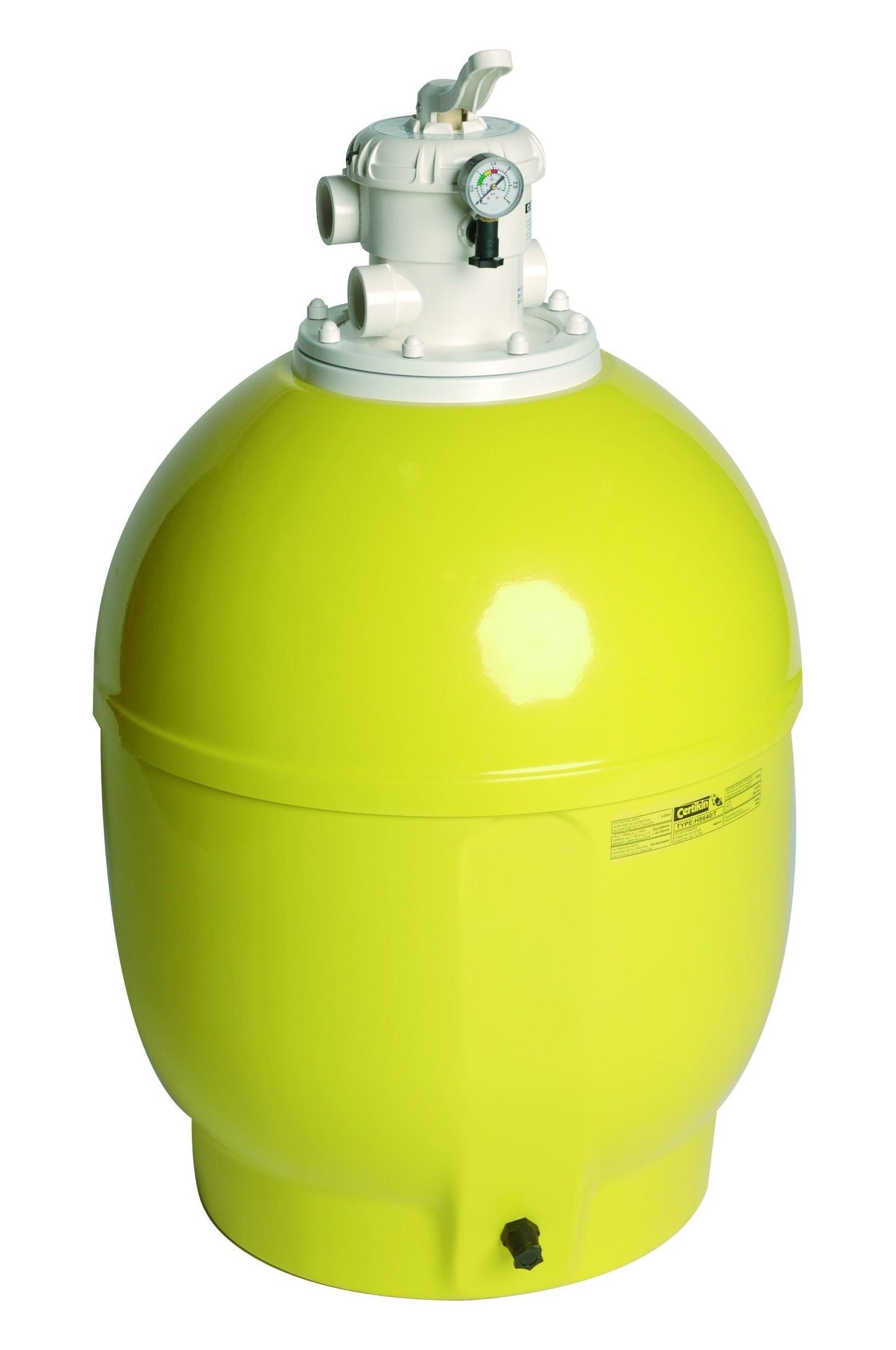 Bright lime-green spherical pool filter with a white top assembly featuring gauges and valves.
