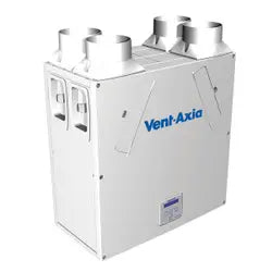 White rectangular vent-axia air exchange unit with multiple silver cylindrical vents on top.