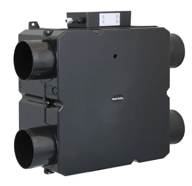 Black rectangular ventilation unit with four cylindrical ducts and a control panel on top