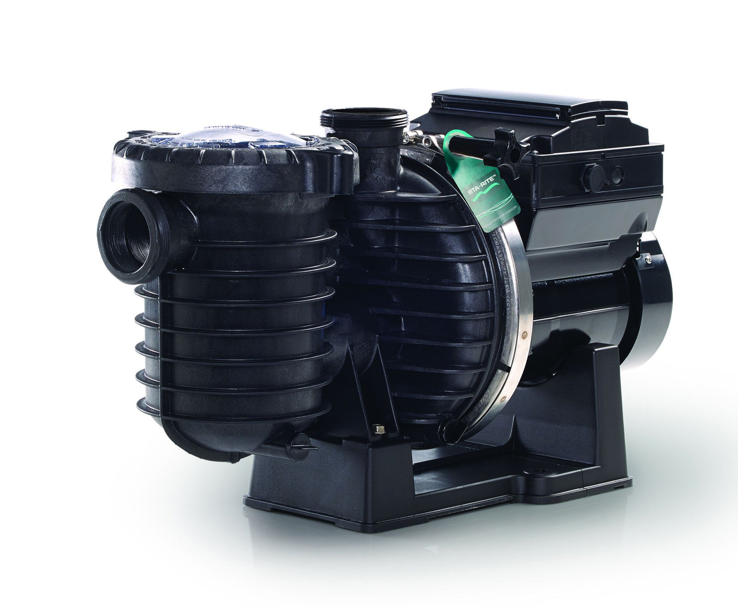 Black plastic pool pump with ribbed casing and metallic accents