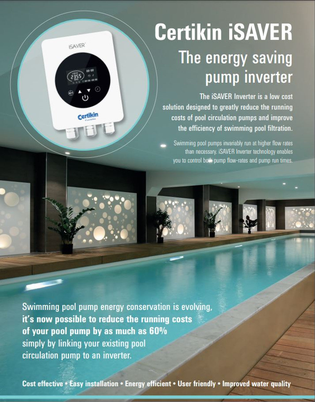 White certikin isaver energy-saving pump inverter with a circular digital display and control buttons.