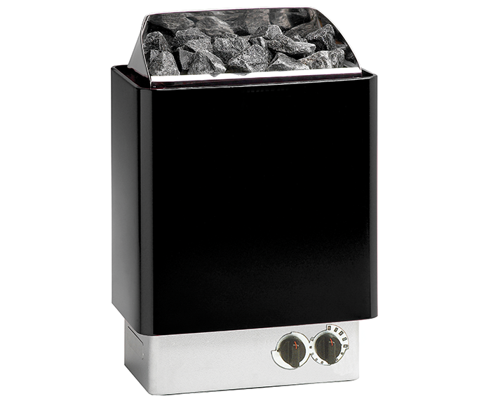 Black and silver electric sauna heater with a rectangular design, featuring two control knobs on the front panel.