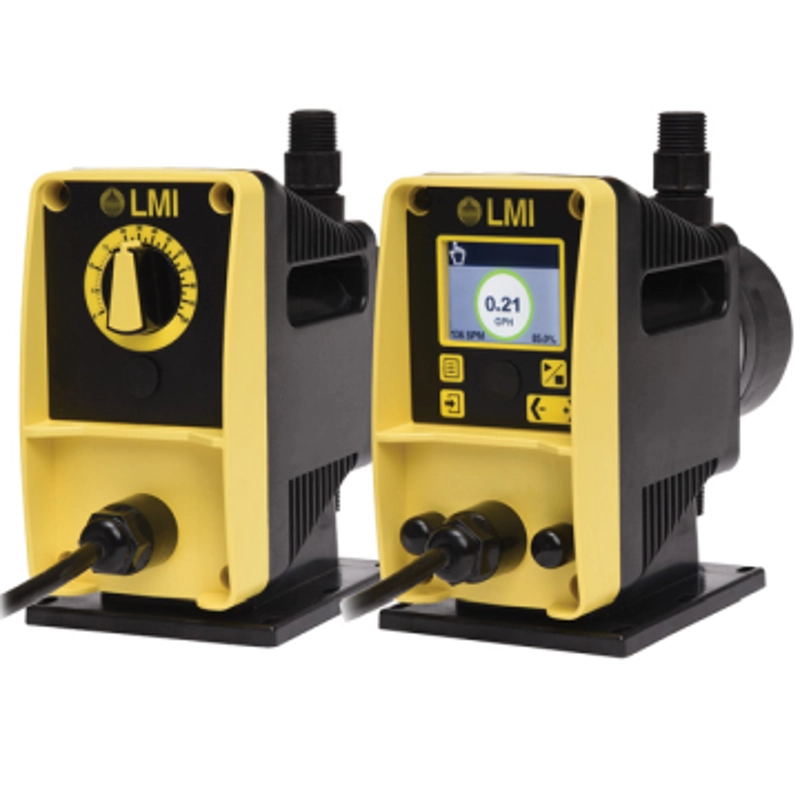 Yellow and black lmi peristaltic pumps with digital display and rotary dial controls.
