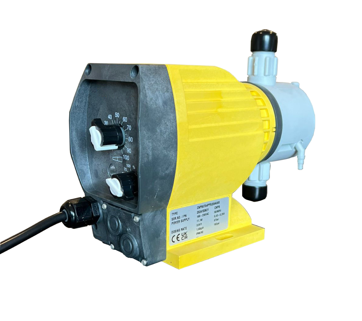 Yellow and gray industrial peristaltic pump with black knobs, white plastic fittings, and a label indicating model details.