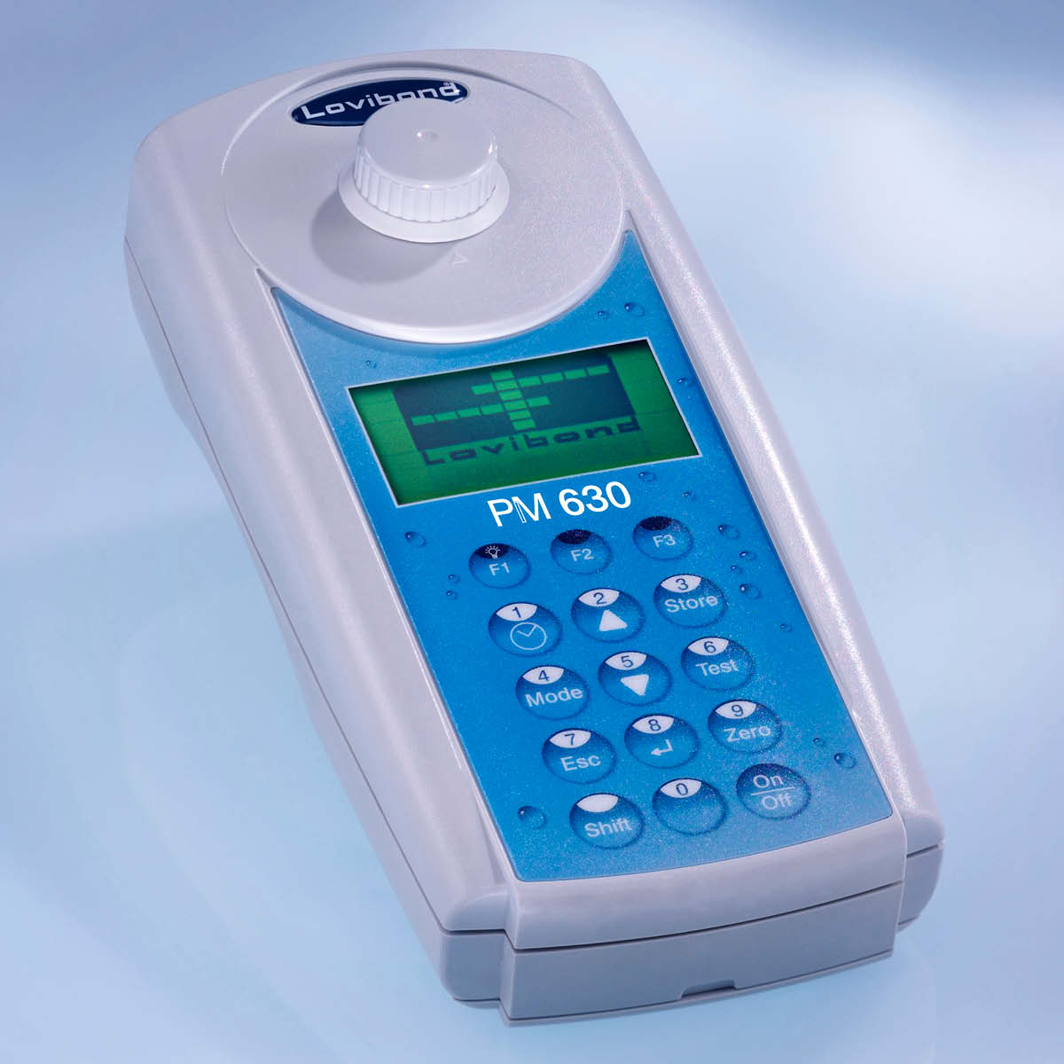 Gray and blue lovibond pm 630 handheld refractometer with a digital display, control buttons, and a white旋钮.