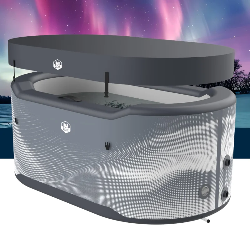 Gray inflatable hot tub with a textured, wave-patterned exterior and black accents.
