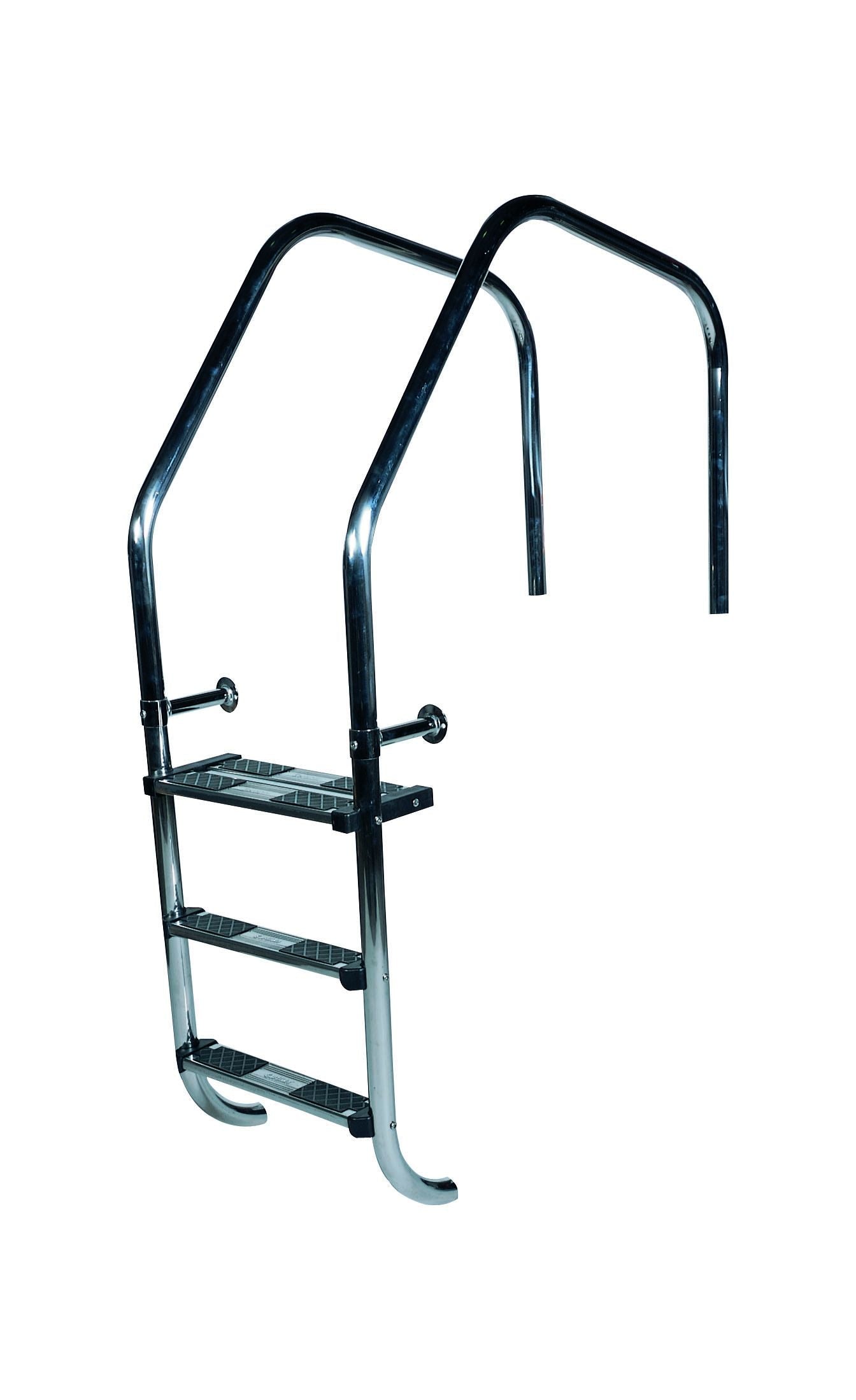 Chrome-finished metal pool ladder with three steps and textured black non-slip surfaces.
