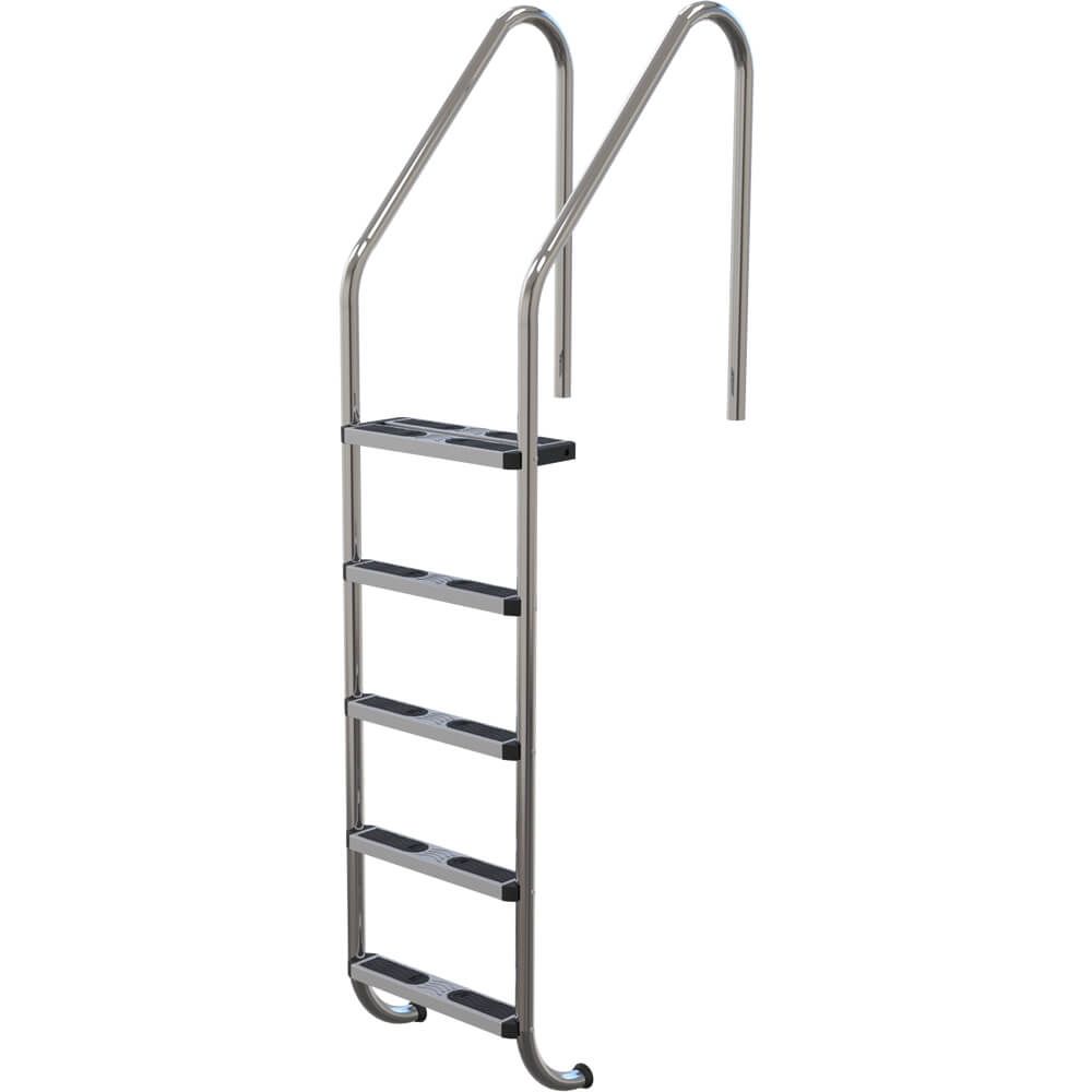 Stainless steel pool ladder with black non-slip step pads and curved handrails.