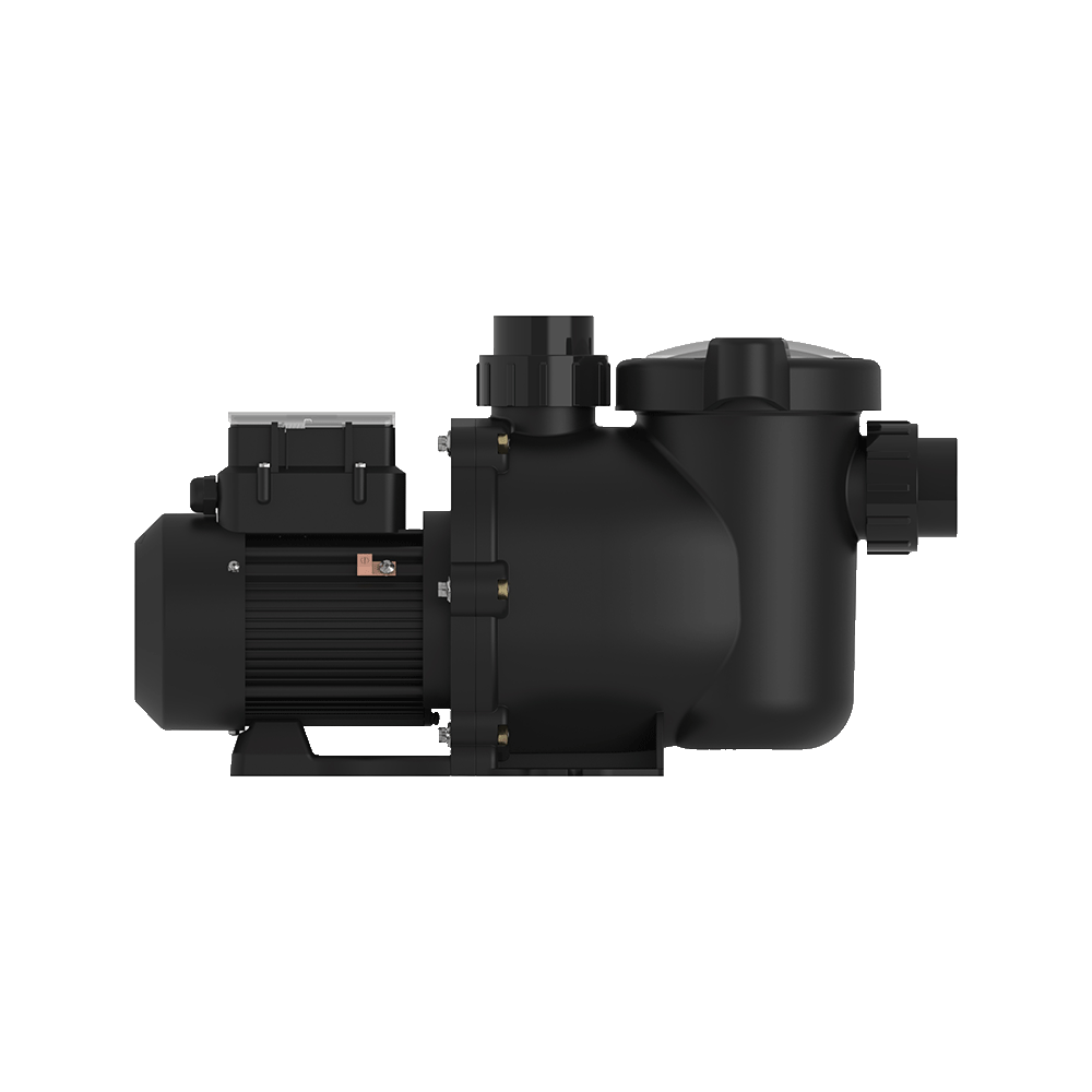 Black plastic pool pump with a motor and integrated housing.