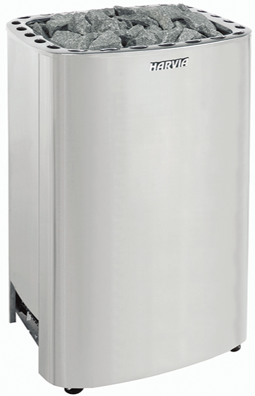 Silver harvia sauna heater with a rectangular body and gray stones inside.