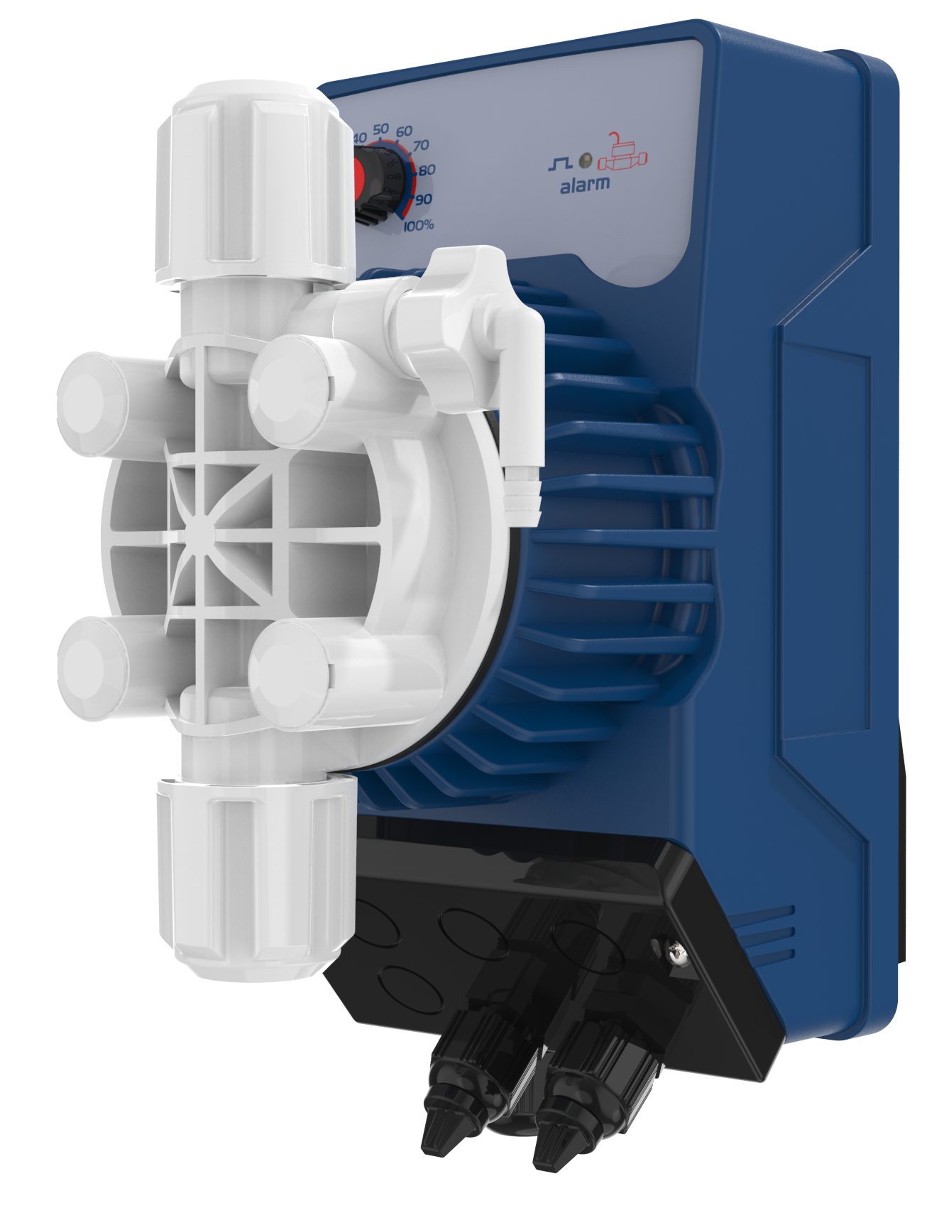 Blue and white plastic diaphragm pump with a control panel featuring a red dial, alarm indicator, and mounting brackets.