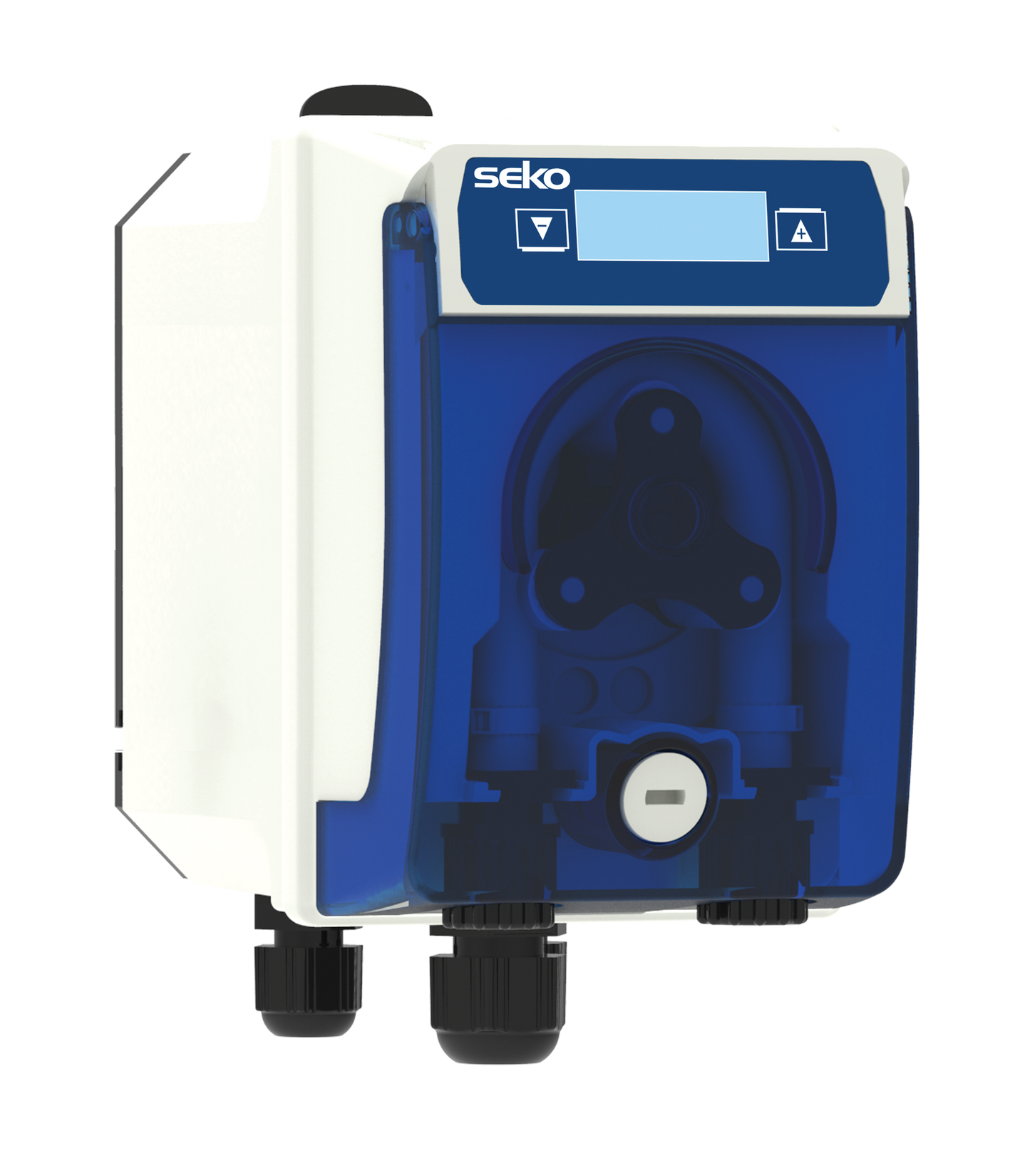 Blue and white seko brand peristaltic pump with a digital display panel.