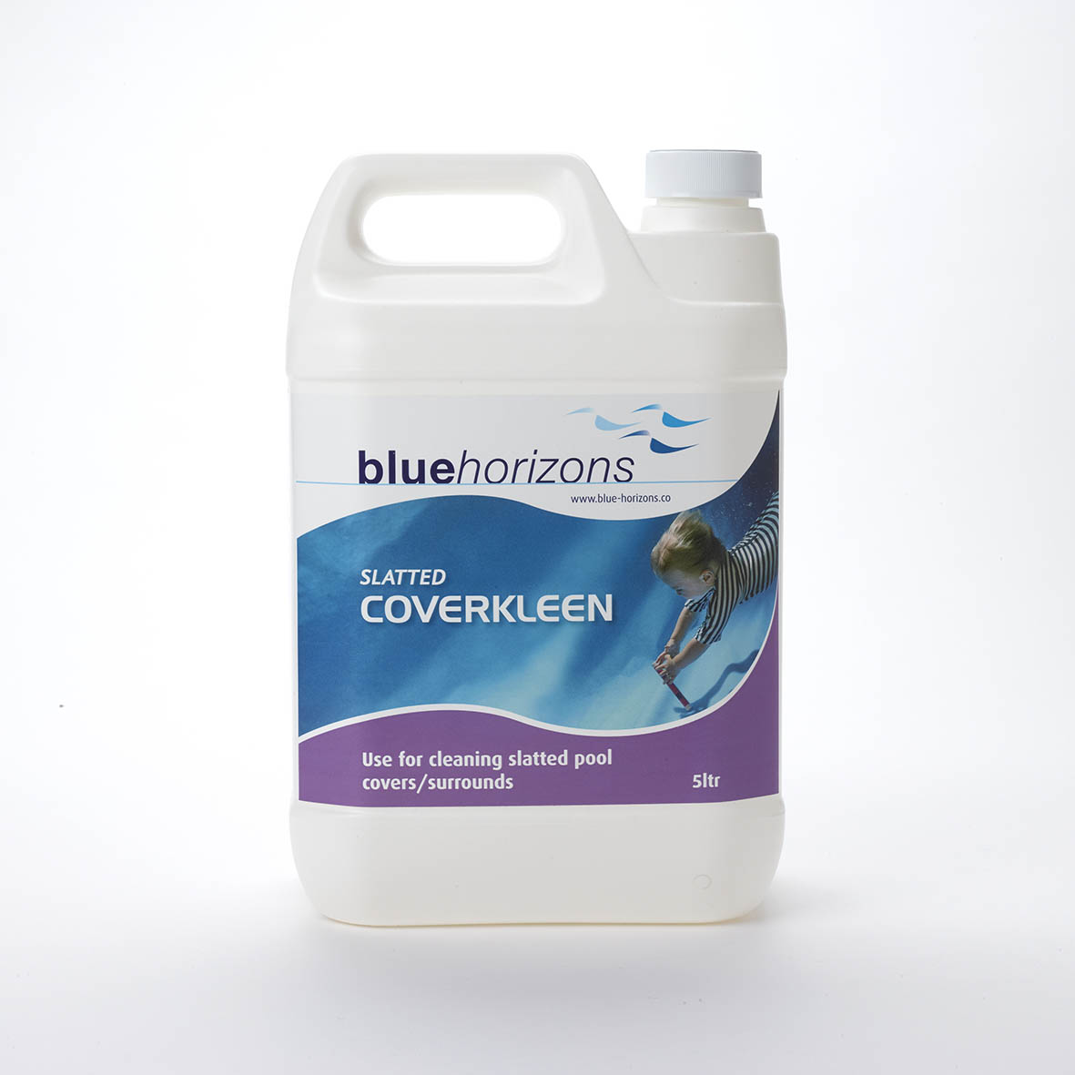 White plastic jug with a handle and white cap, labeled ’bluehorizons slatted coverkleen’ for cleaning slatted pool covers/surrounds.
