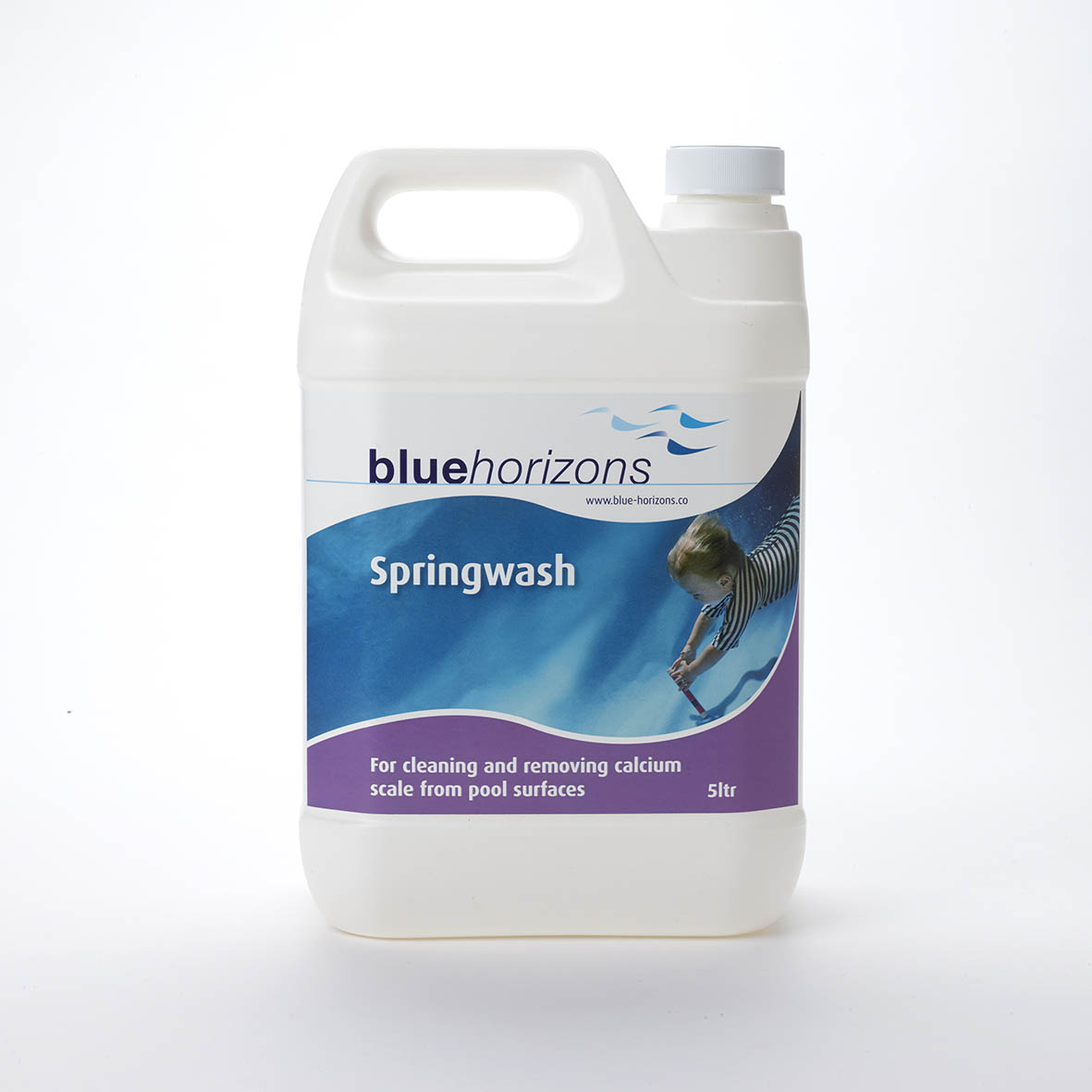 White plastic jug with a blue and purple label featuring the ’bluehorizons’ brand name, product title ’springwash,’ and an image of a child swimming.