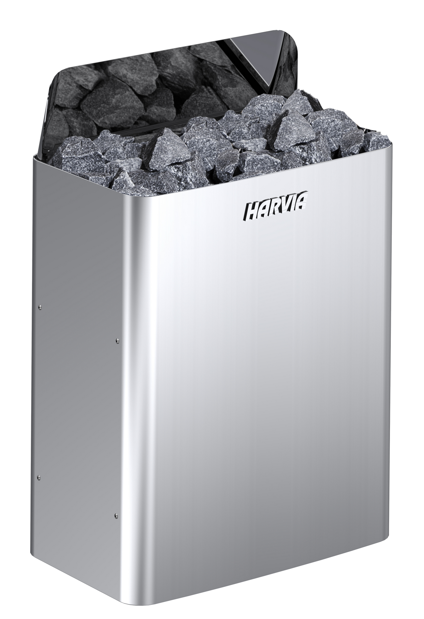 Silver harvia electric sauna heater filled with dark gray river stones.