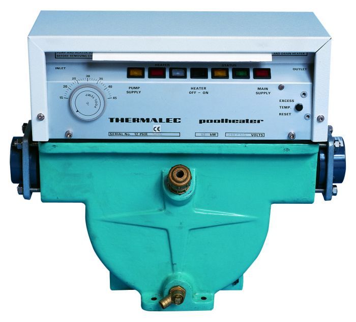 Turquoise industrial pool heater with a white control panel featuring the brand name ’thermalec’ and labeled controls for pump supply, heater on/off, and main supply.