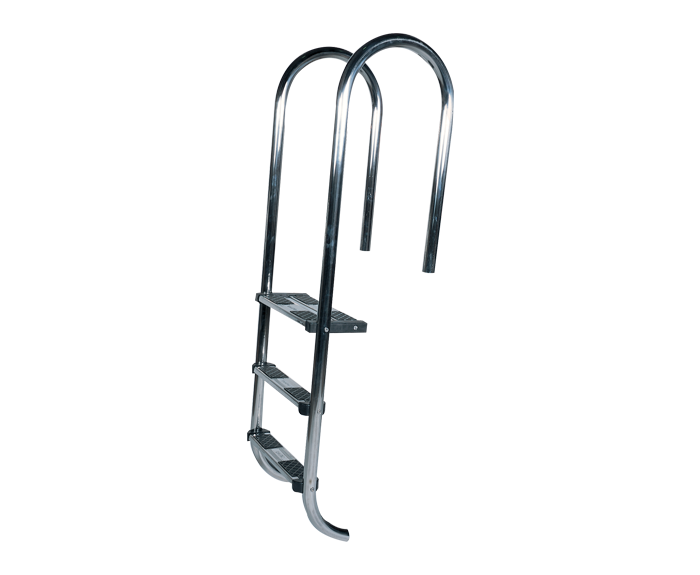 Shiny chrome-finished metal pool ladder with three steps and curved handrails.
