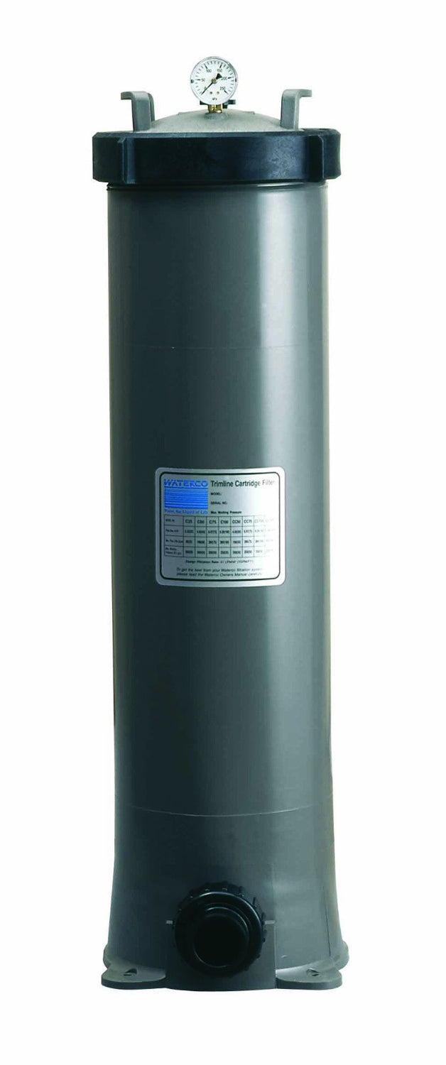 Gray cylindrical pool filter with black top and bottom fittings, featuring a pressure gauge on the lid.