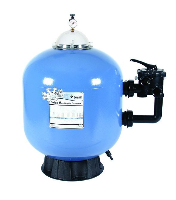 Blue spherical pool filter with black plumbing and a pressure gauge on top